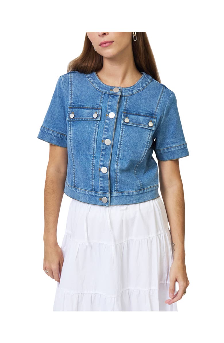 Central Park West Serena Short Sleeve Denim Jacket, Main, color, Medium Wash
