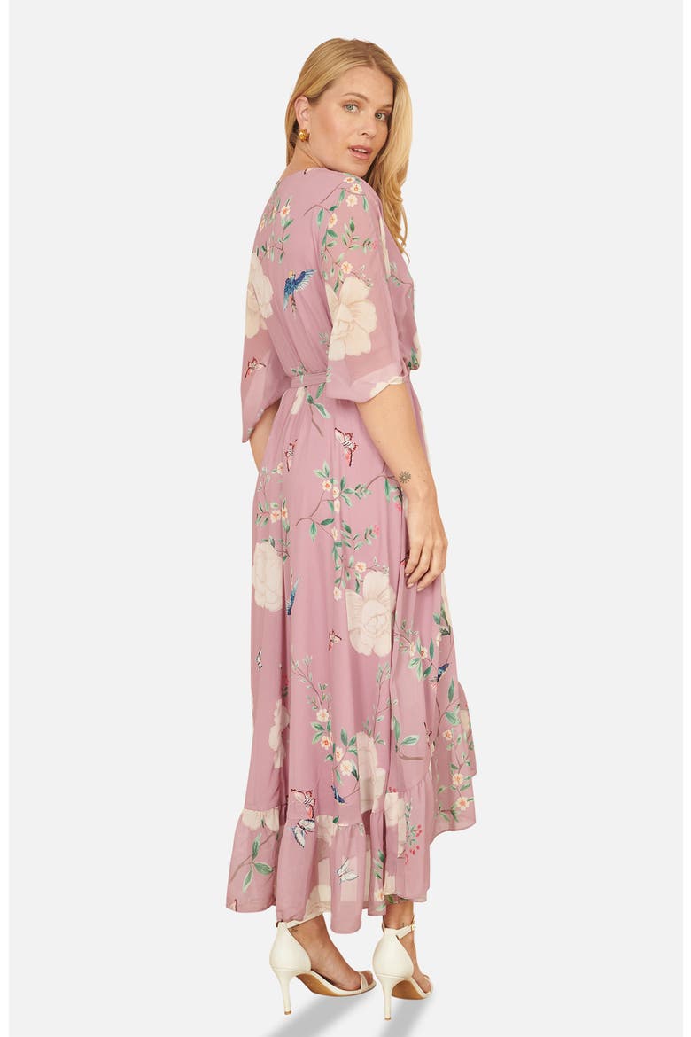 Bird And Floral Print Midi Wrap Dress, Alternate, color, Pink