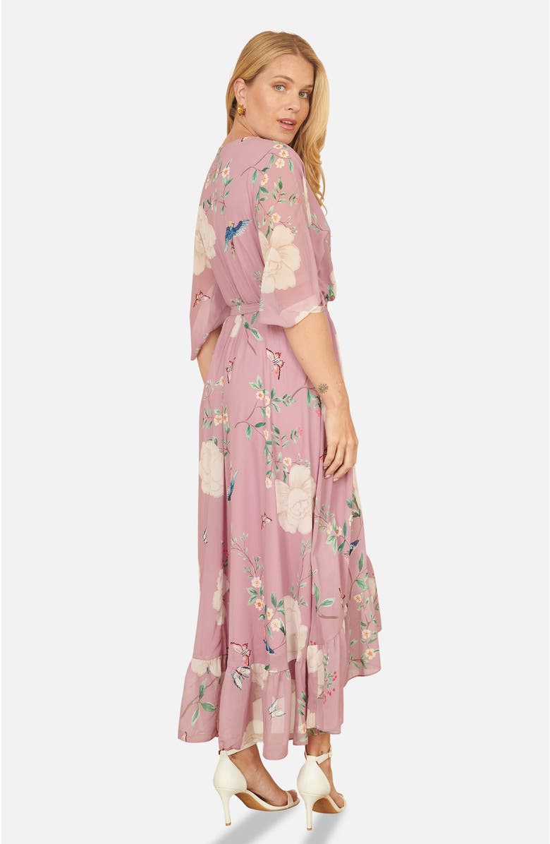 Yumi Bird And Floral Print Midi Wrap Dress, Alternate, color, Pink