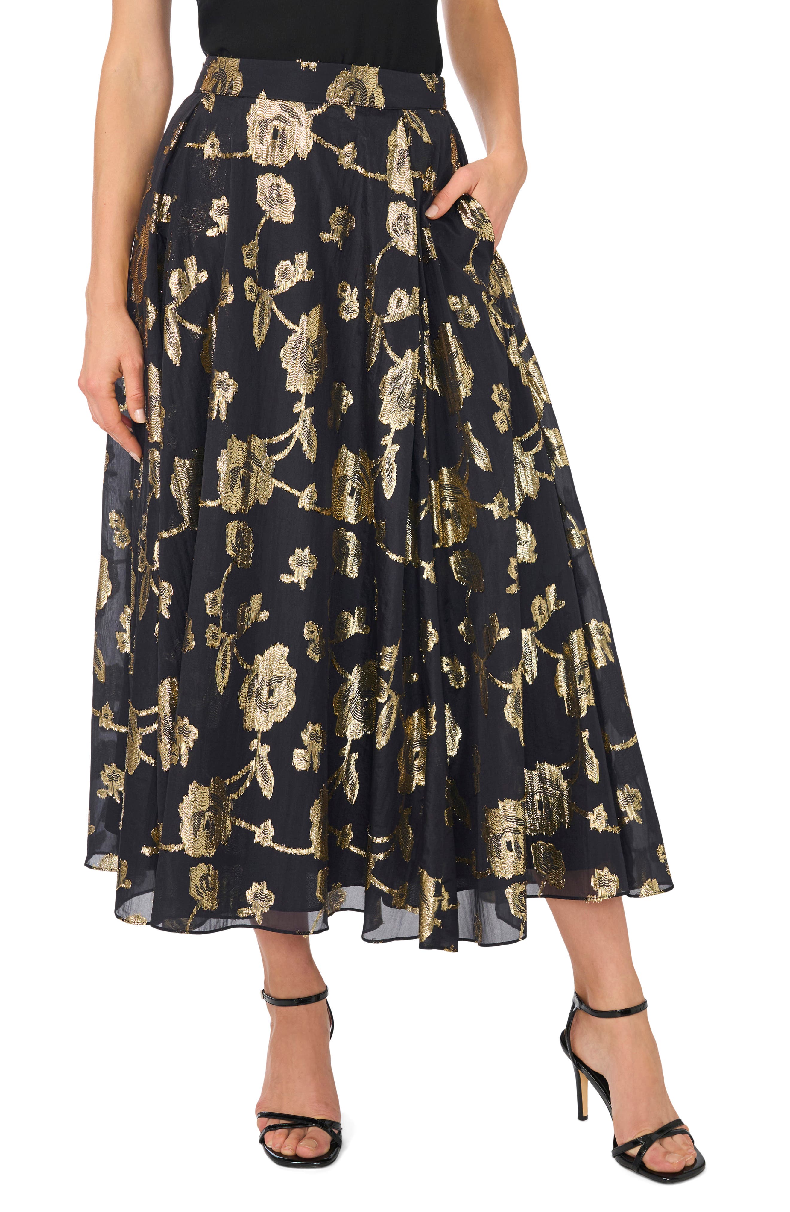 Metallic Floral Box Pleat Midi Skirt