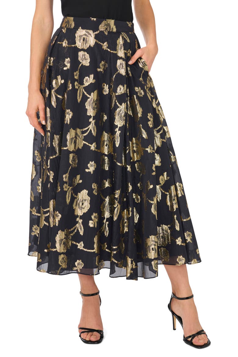 Metallic Floral Box Pleat Midi Skirt, Main, color, RICH BLACK