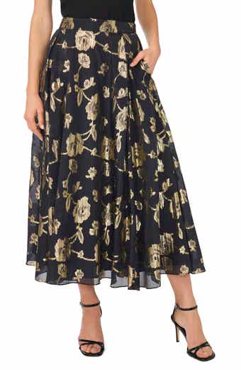 Metallic Floral Box Pleat Midi Skirt