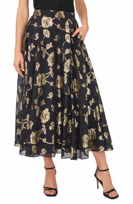 Metallic Floral Box Pleat Midi Skirt