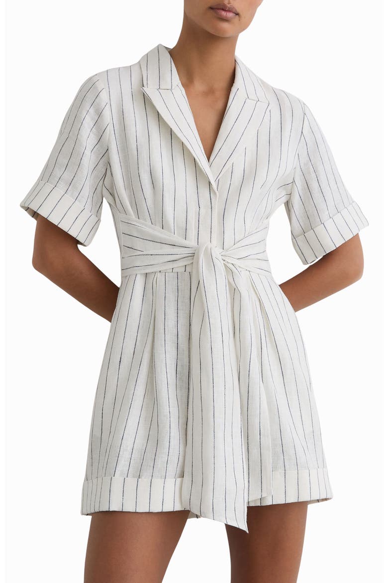 Estella Stripe Tie Waist Romper, Alternate, color, IVORY/ NAVY