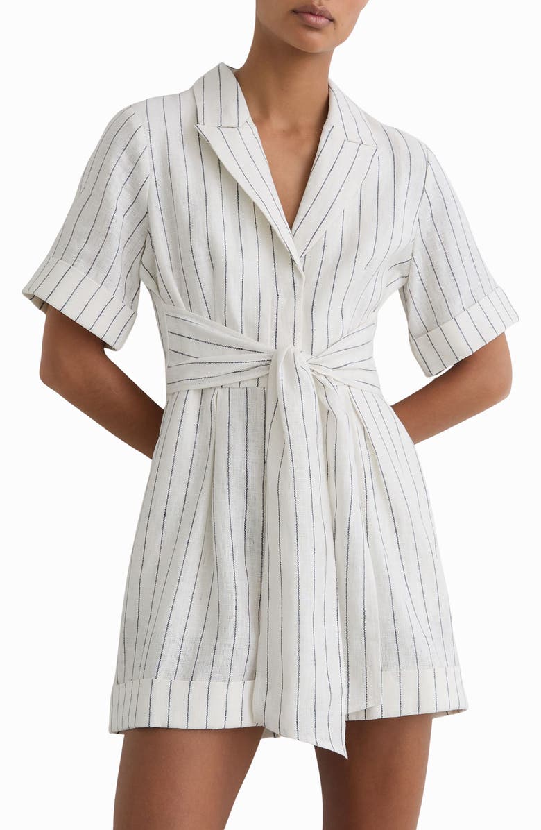 Reiss Estella Stripe Tie Waist Romper, Alternate, color, Ivory/ Navy