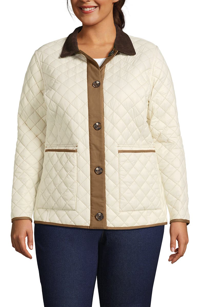 Lands' End Plus Size Print Reversible Barn Quilted Insulated Jacket, Main, color, Honey Beige/Ivory Pearl