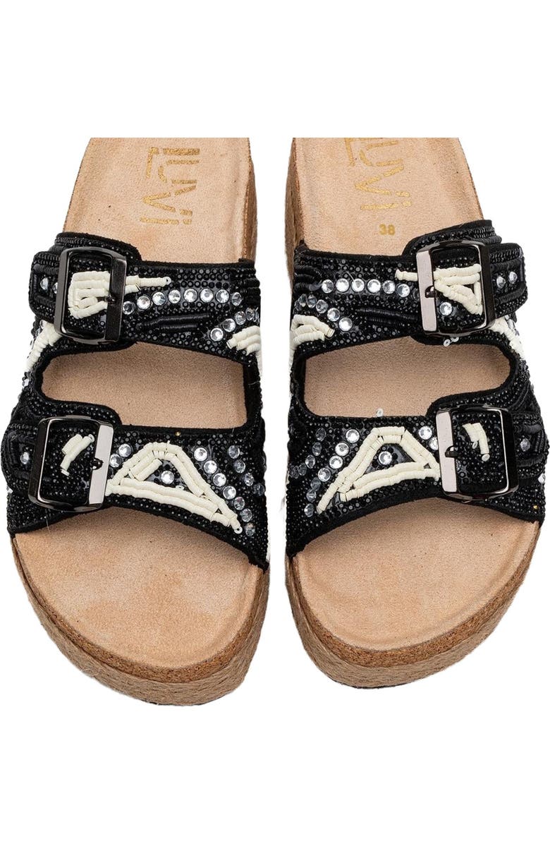 Prologue Shoes Bobby Beaded Straw Platform Slide Sandal, Alternate, color, Black Faux Leather