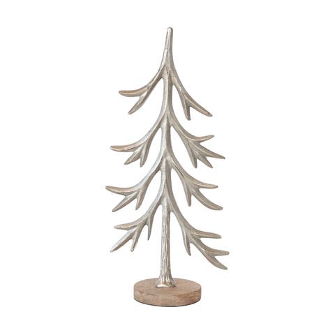 Cast Aluminum Tree with Mango Wood Base, Silver Finish
