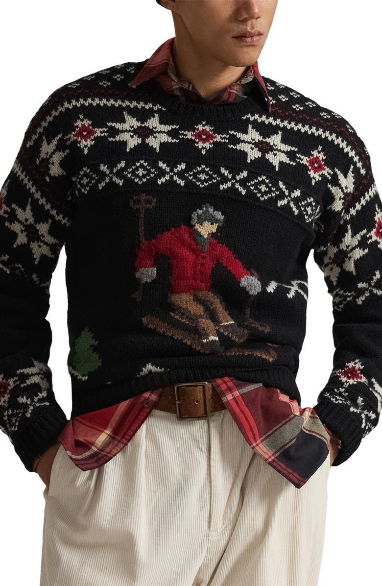 Polo Ralph Lauren Skier Wool Graphic Crewneck Sweater, Main, color, Black Combo