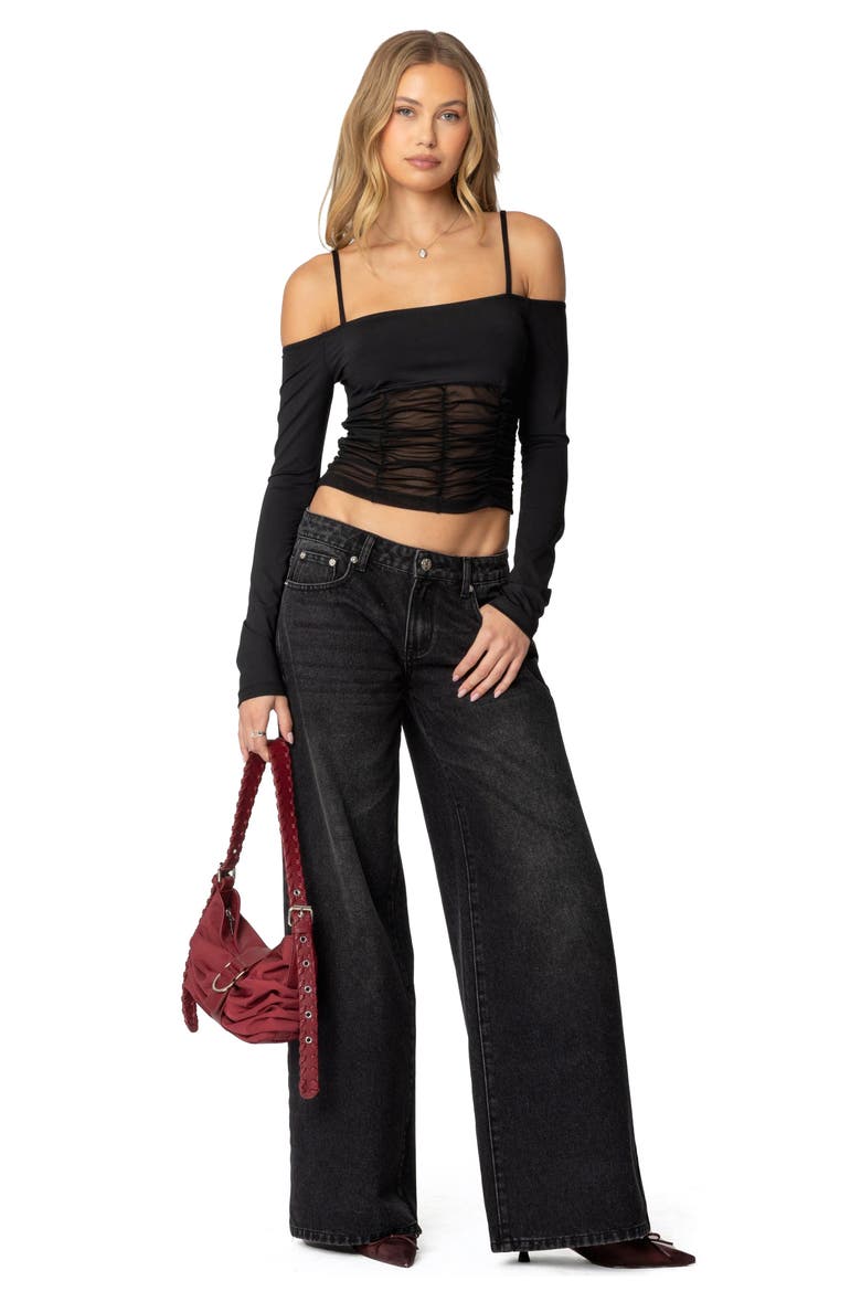 Susie Cold Shoulder Mesh Crop Top, Alternate, color, BLACK