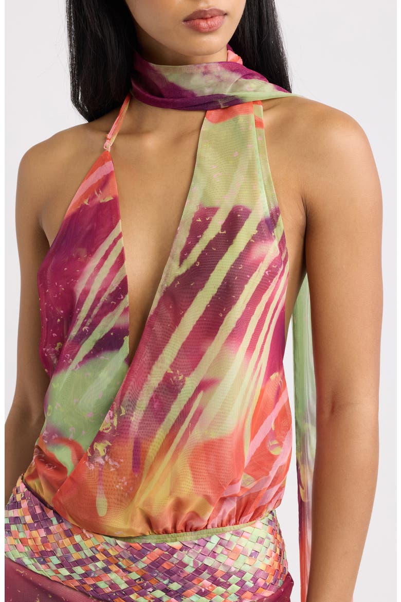 Abstract Print Plunge Scarf Neck Minidress, Alternate, color, PINK