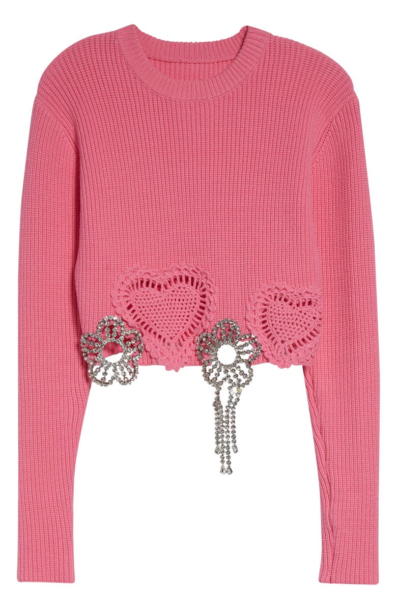 Area Crystal Flower & Crochet Heart Appliqué Crop Rib Sweater, Alternate, color, Fuchsia