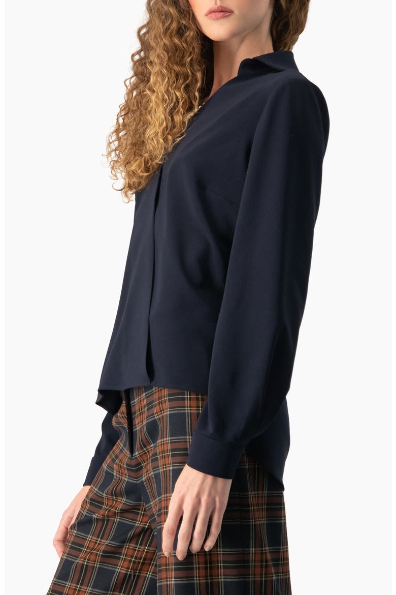 V-Neck Wrap Blouse with Barrel Cuffs, Alternate, color, Navy Blue