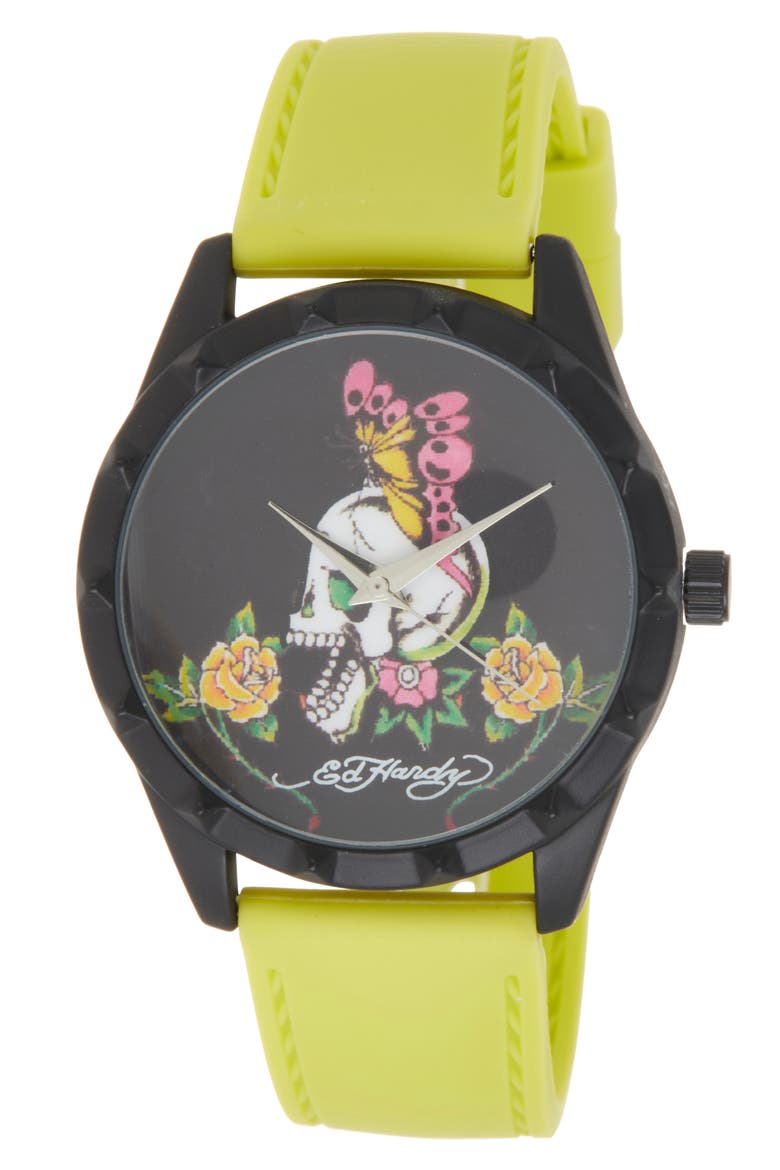 x Ed Hardy Silicone Strap Watch, 40mm, Main, color, MATTE NEON LIME