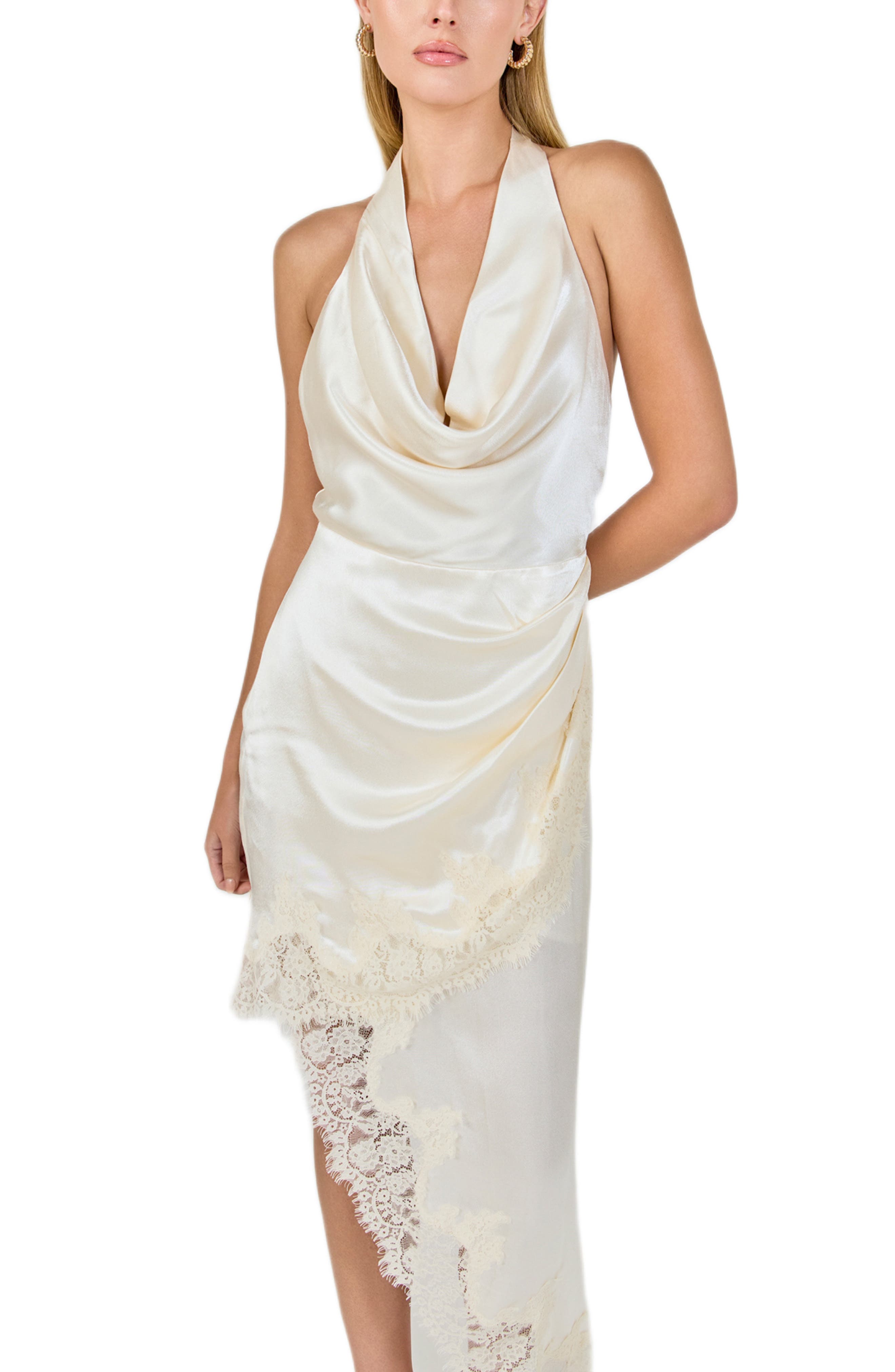 lace asymmetric cocktail dress Satin Asymmetrical Champagne / XS Midi dress