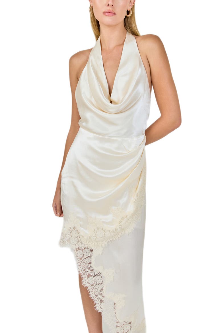 Lace Satin Asymmetric Halter Midi Dress, Alternate, color, CHAMPAGNE