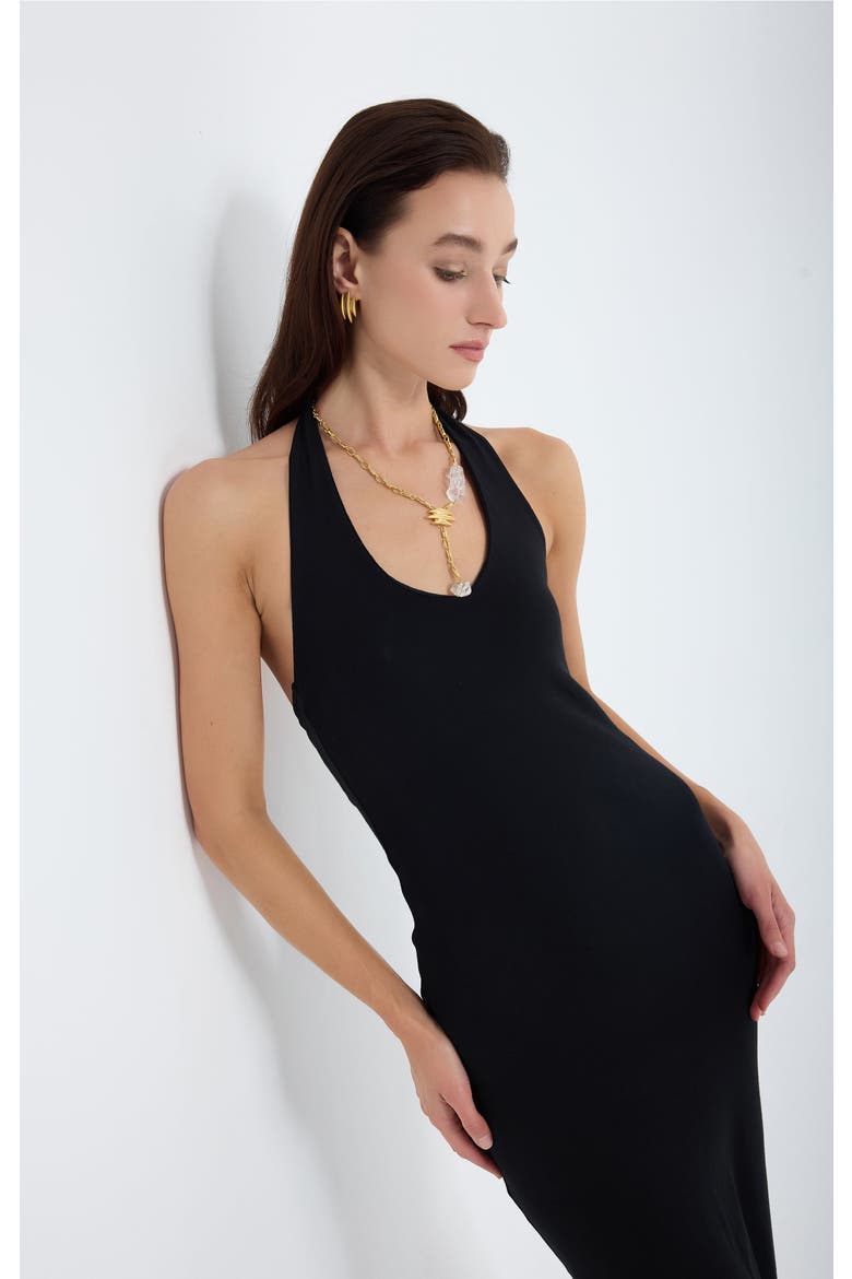 Orion Halter Neck Cotton Bodycon Midi Dress, Alternate, color, Black