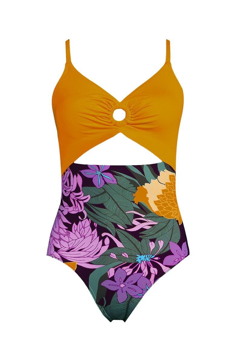 Lands' End Plus Size O-Ring Monokini One Piece Swimsuit, Alternate, color, Dark Wine Floral Bloom/Mango