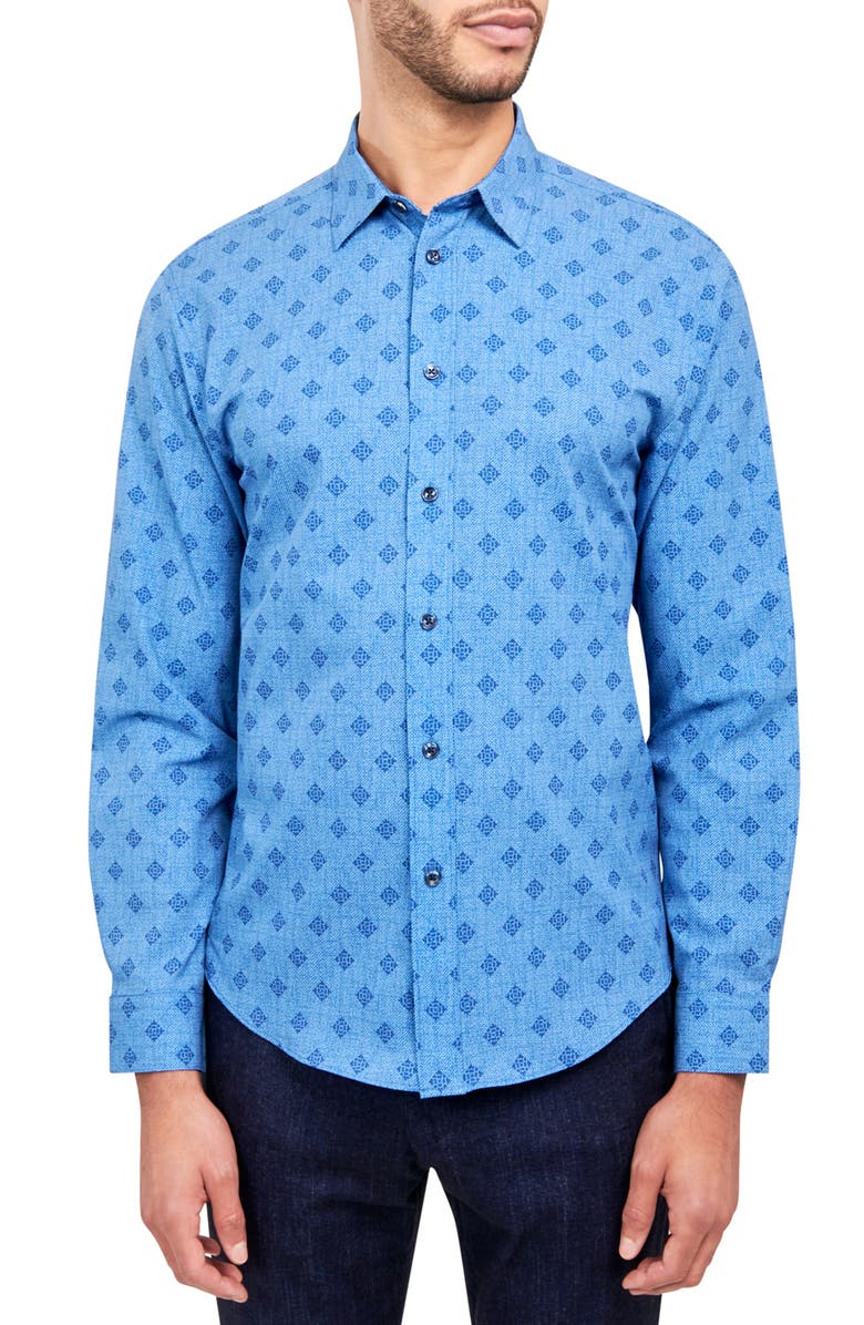 Brooklyn Brigade Slim Fit Denim Geo 4-Way Stretch Performance Long Sleeve Shirt, Main, color, Blue
