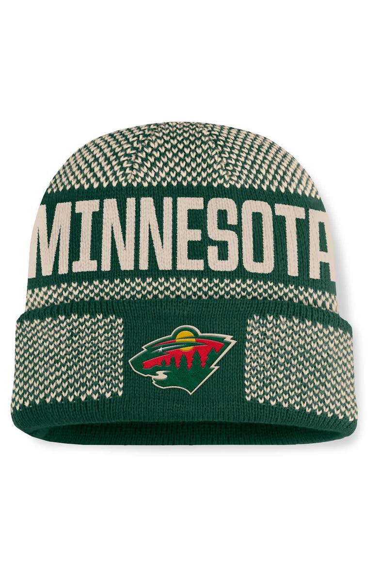 FANATICS Men's Fanatics Green/Cream Minnesota Wild Fundamentals Shelter Cuffed Knit Hat, Main, color, Green