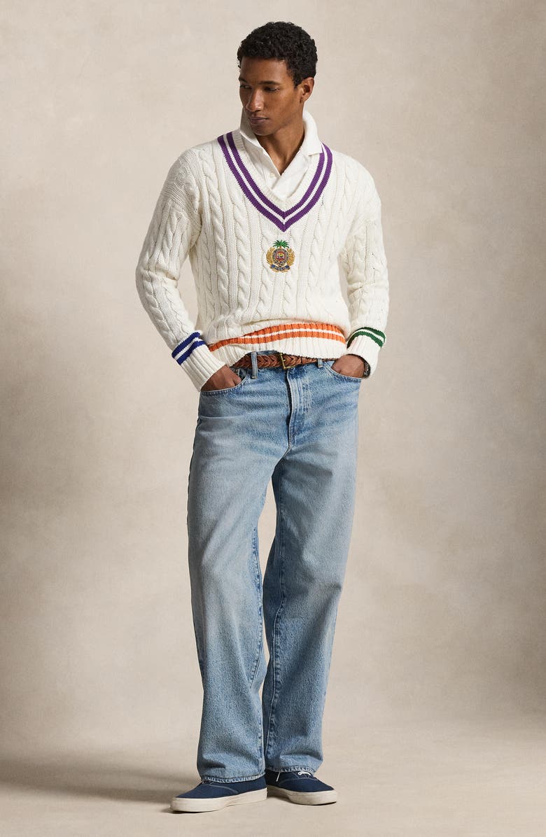 Polo Ralph Lauren Embroidered Cricket Cotton & Linen V-Neck Sweater, Alternate, color, Cream Combo