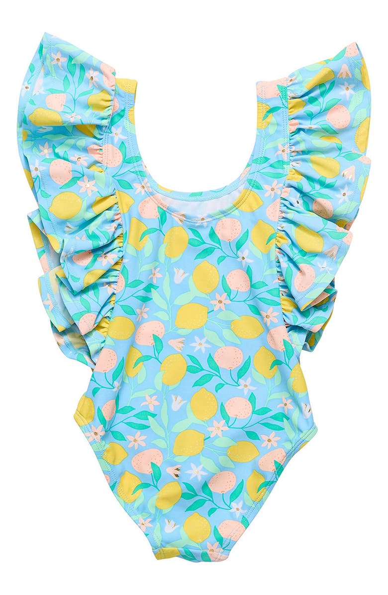 Snapper Rock Kids' Lemon Drops Ruffle One-Piece Swimsuit, Alternate, color, Blue Multi