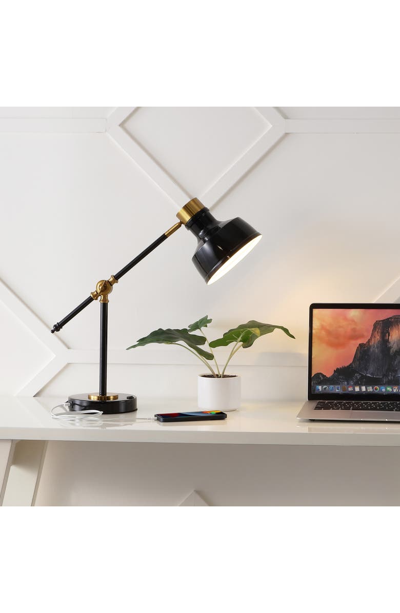 JONATHAN Y Allegra Classic Farmhouse Adjustable Cantilever LED Task Lamp with USB Charging Port, Alternate, color, Black/Brass Gold