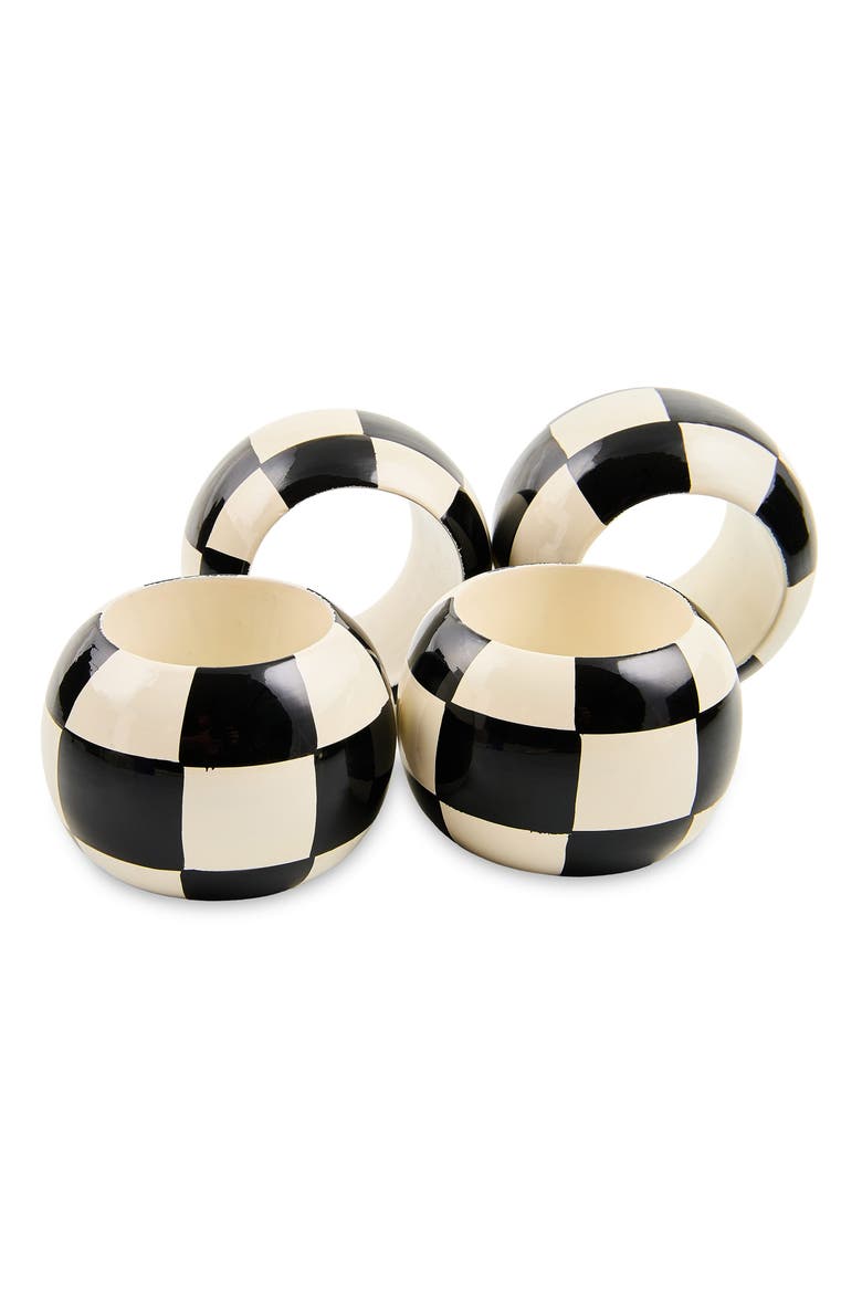 Set of 4 Check Wood Napkin Rings, Main, color, BLACK
