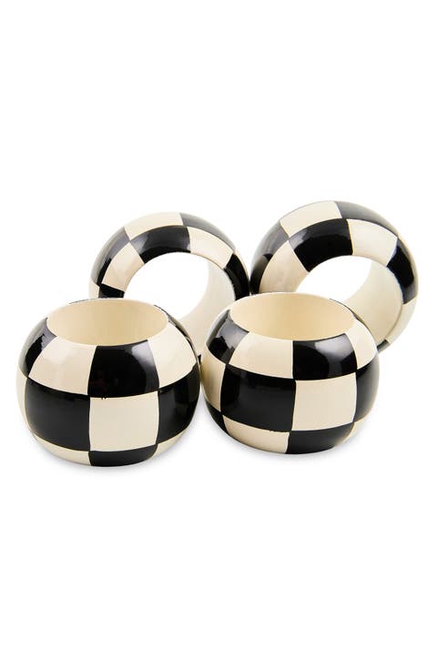 Set of 4 Check Wood Napkin Rings