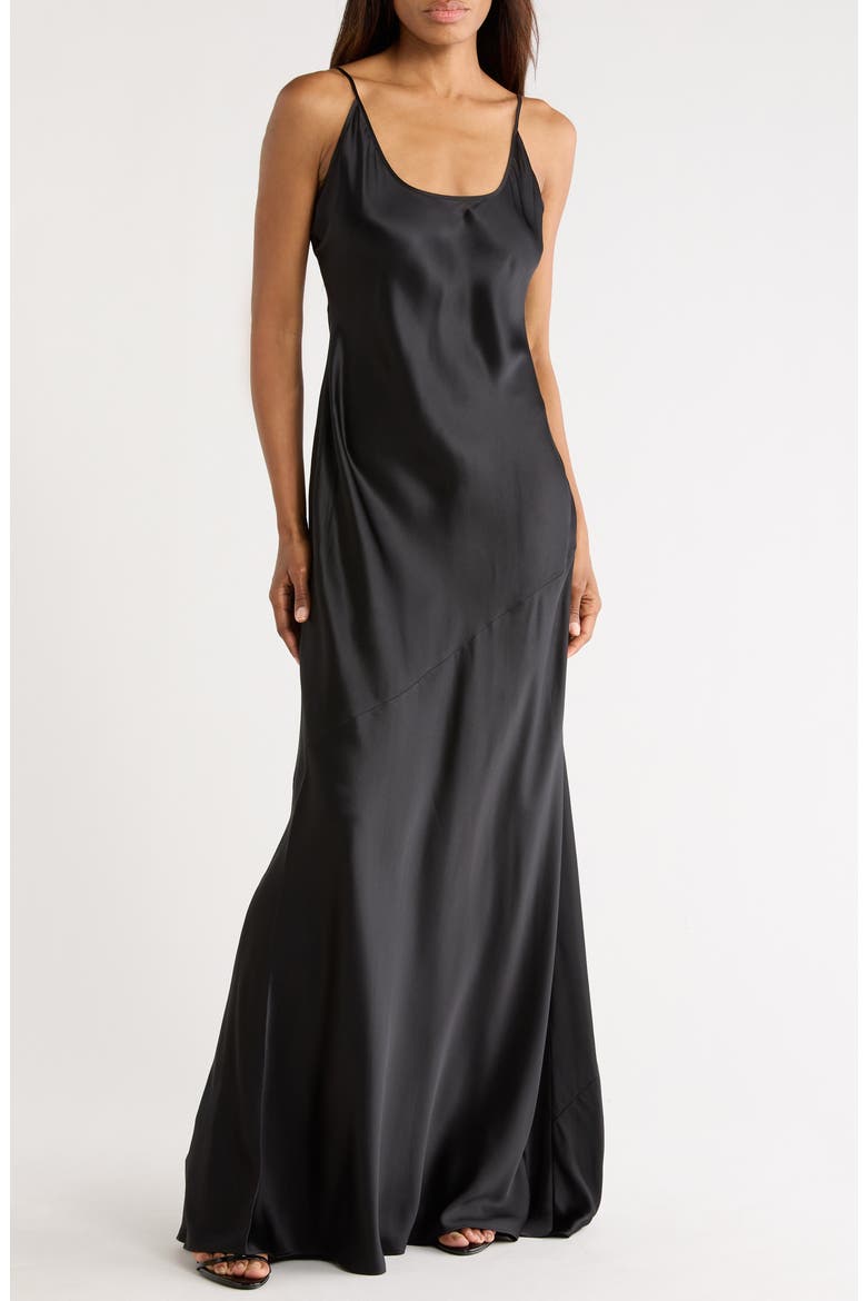 Charmaine Spaghetti Strap Silk Gown, Main, color, BLACK