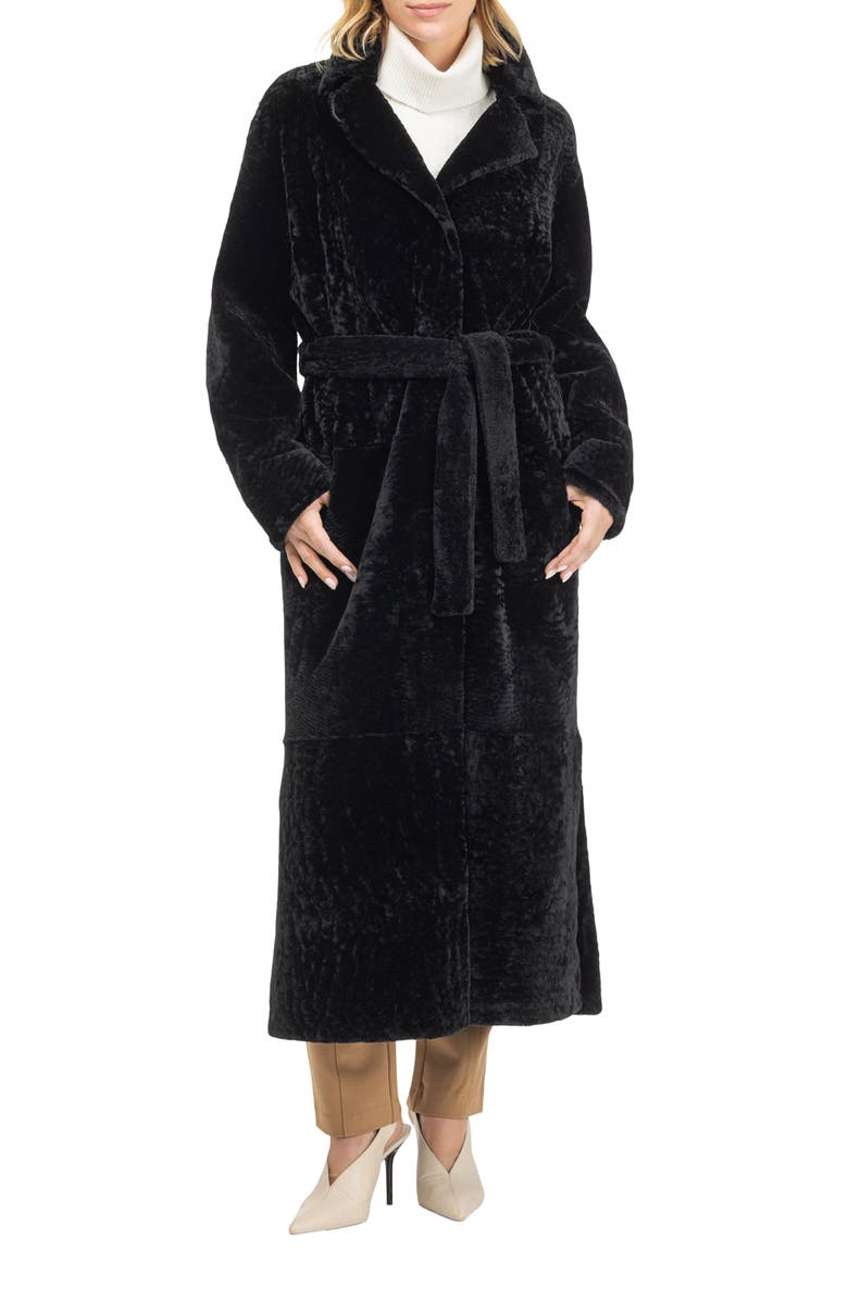 GORSKI Reversible Textured Genuine Shearling Coat with Side Slits, Belt, Alternate, color, Black/Black