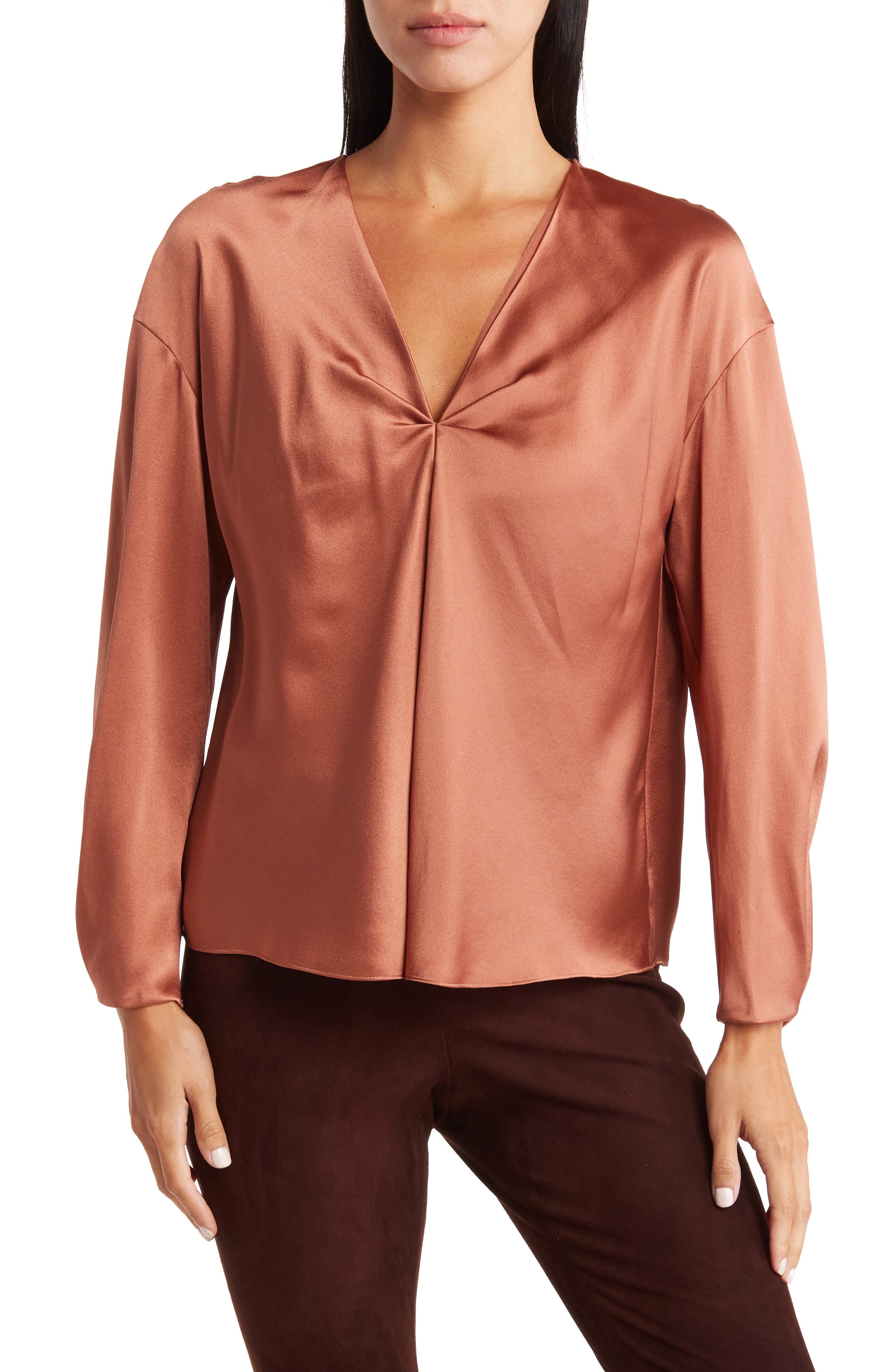 Vince V-Neck Long Sleeve Drape Silk Blouse