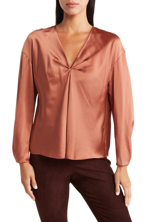 V-Neck Long Sleeve Drape Silk Blouse