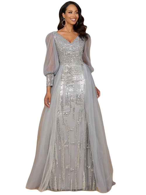 Lara New York Long Sleeve Lace Gown With Removable Over Skirt In Silver