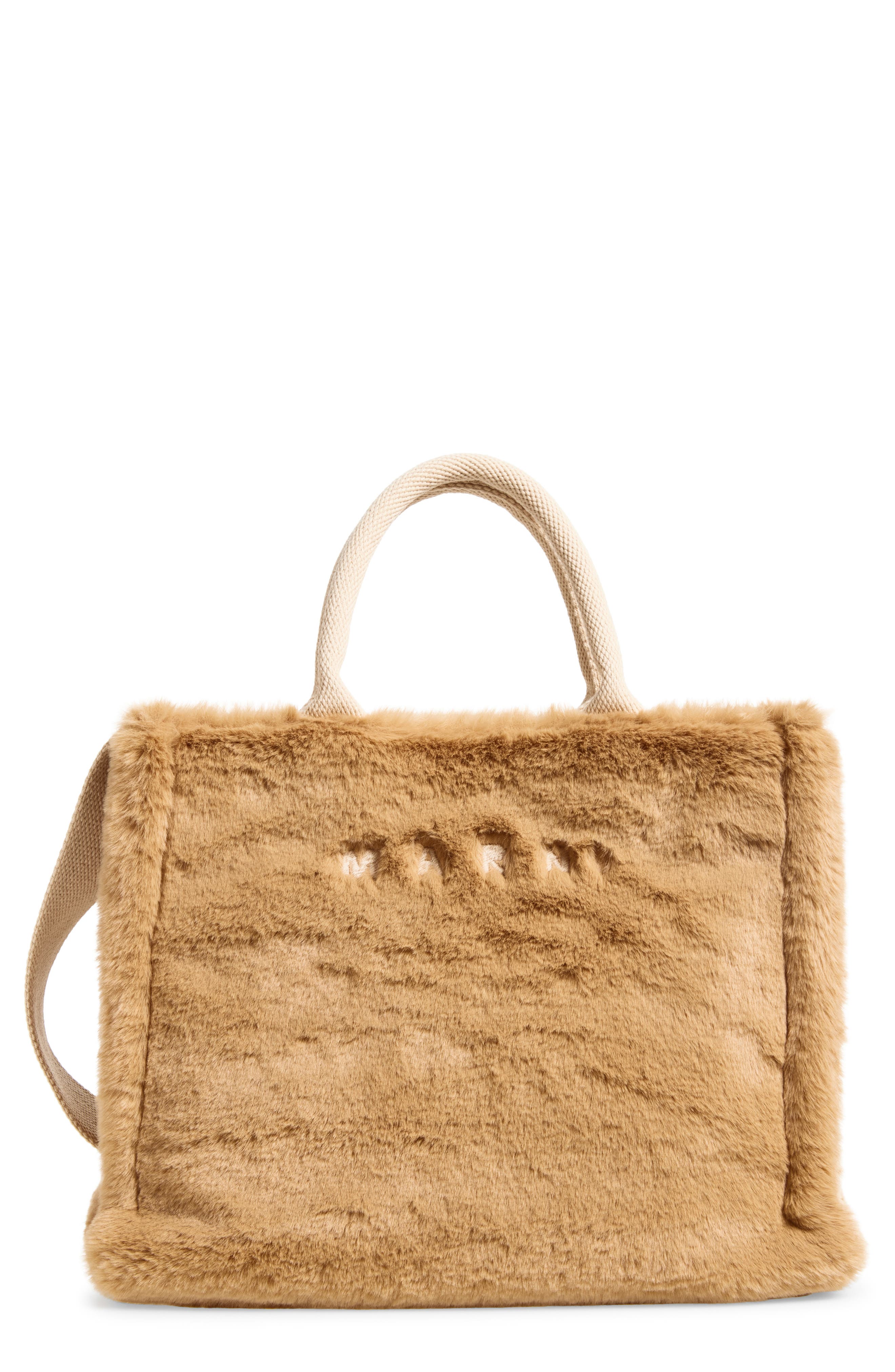 Marni Small Basket Faux Fur Handbag, Main, color, Citronelle