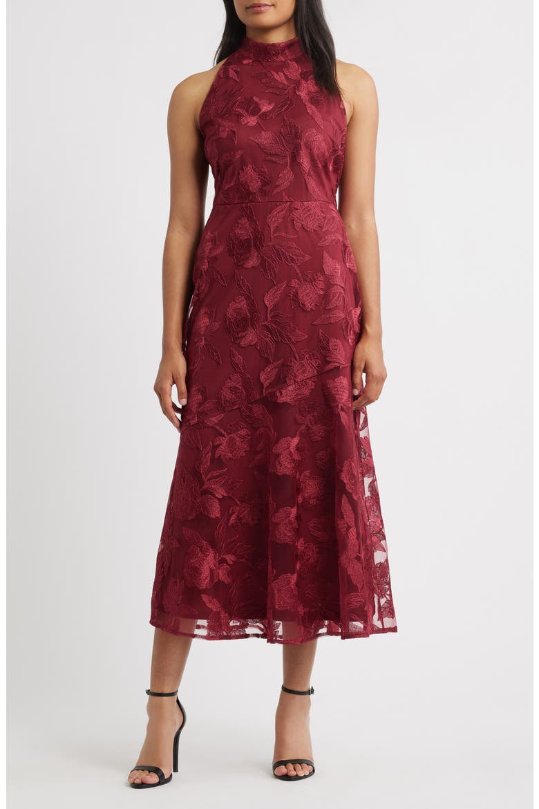 Embroidered Fit & Flare Cocktail Dress, Main, color, BORDEAUX