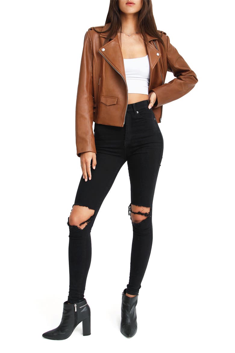 Just Friends Leather Moto Jacket, Alternate, color, BROWN