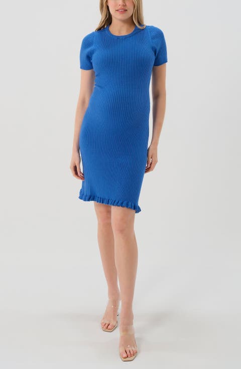 Women's Short Sleeve Knit Maternity Knee Length Sweater Dress with Hem Detail