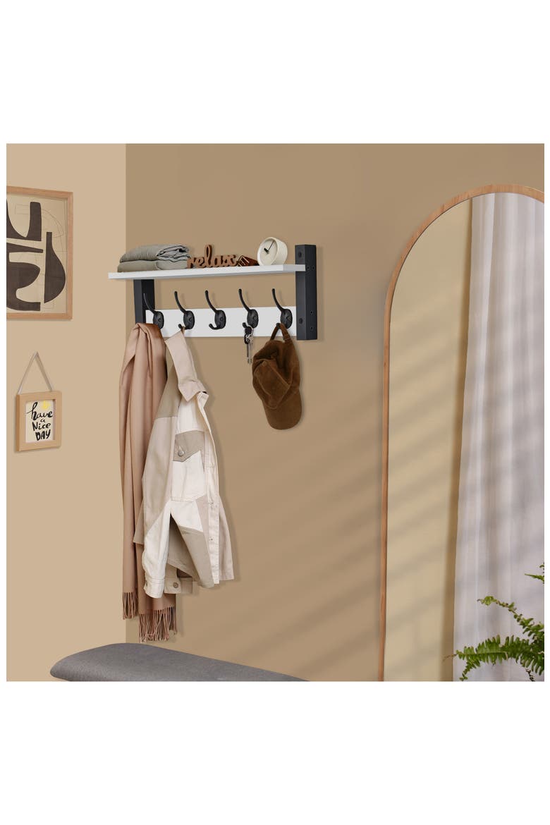 24-Inch Floating Wall Shelf with Hooks, Alternate, color, WHITE