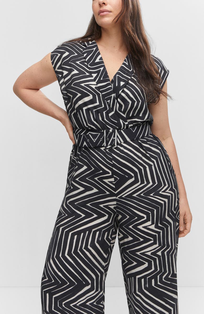 MANGO Belted Geometric Print Jumpsuit, Alternate, color,