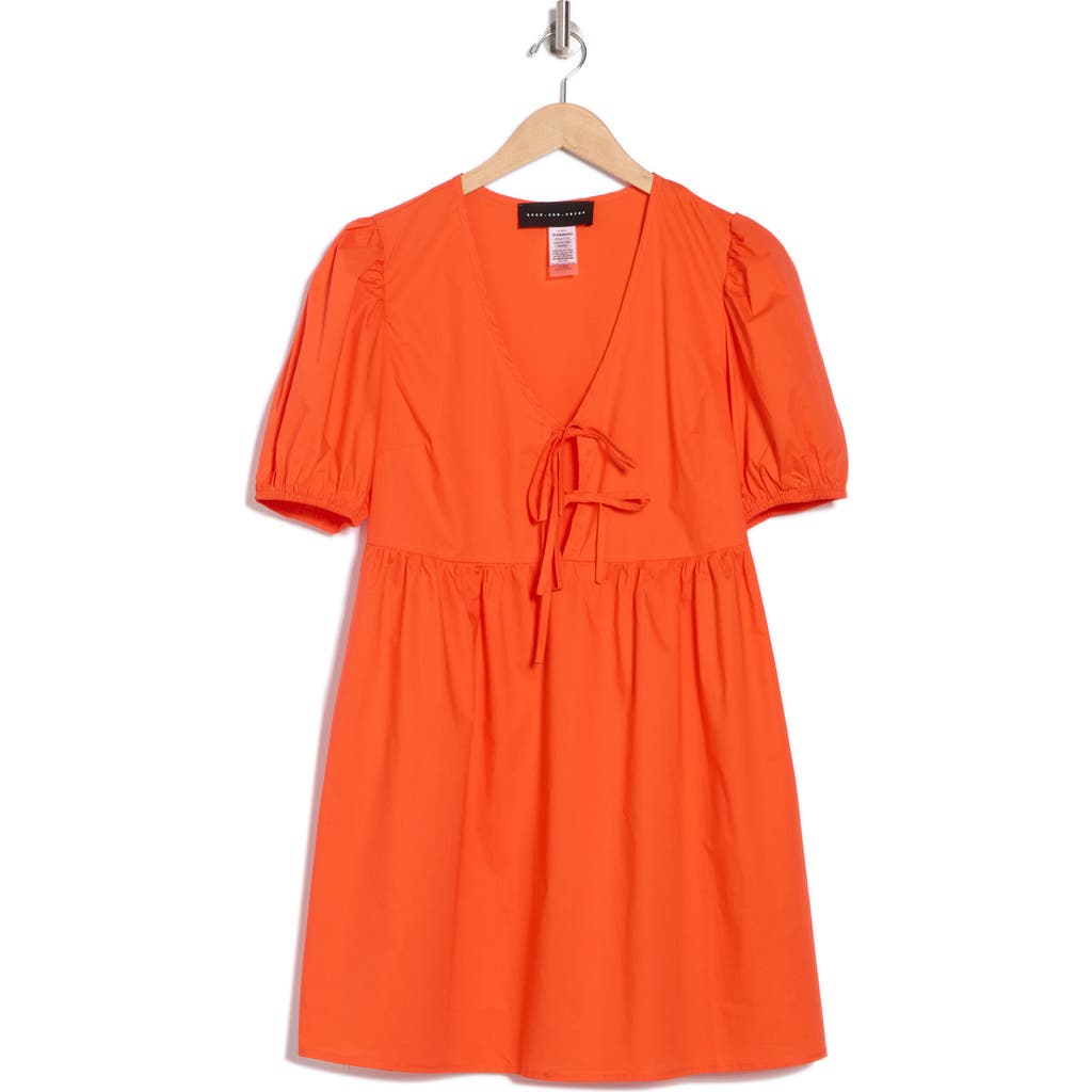 Know One Cares Tie Front Puff Sleeve Poplin Minidress In Orange