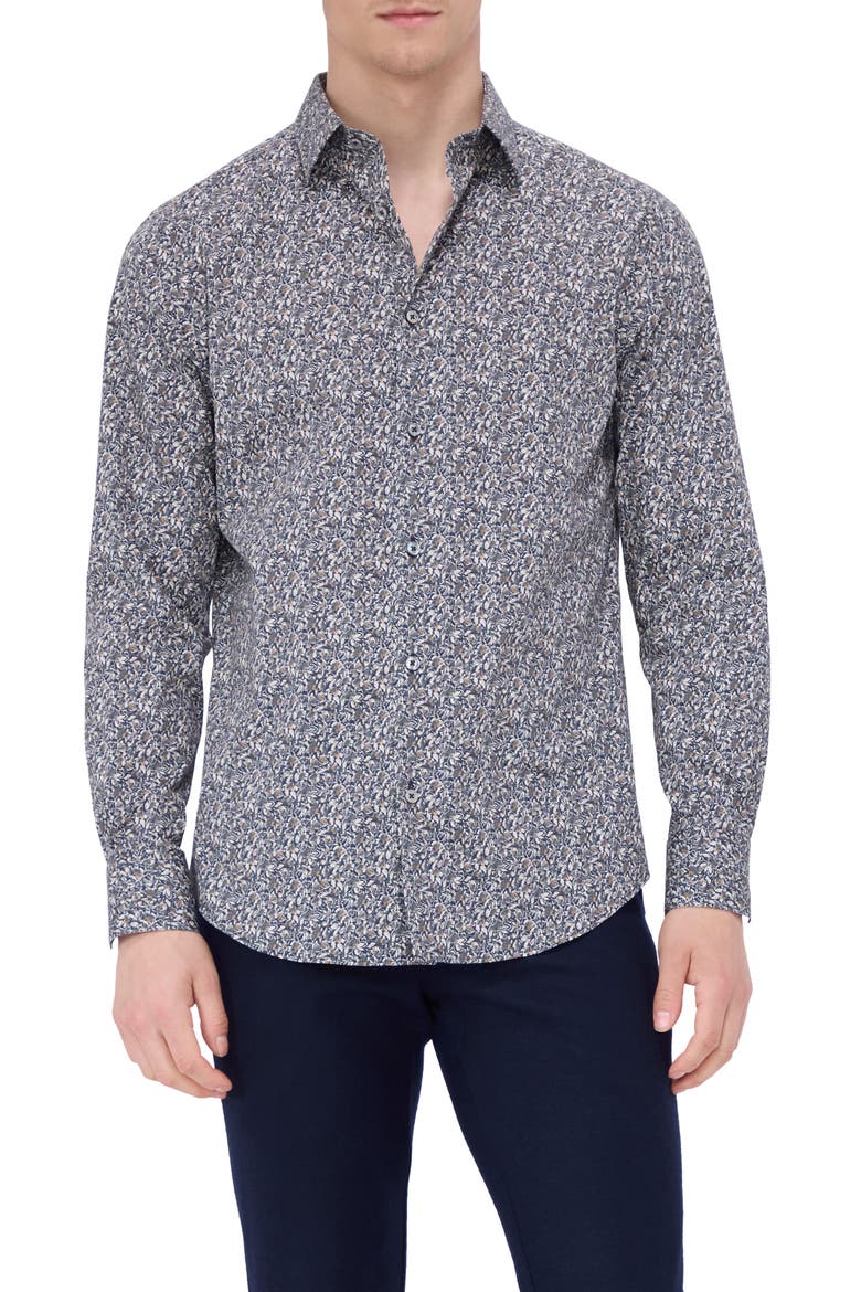 Julian Shaped Fit Leaf Print Button-Up Shirt, Main, color, KHAKI