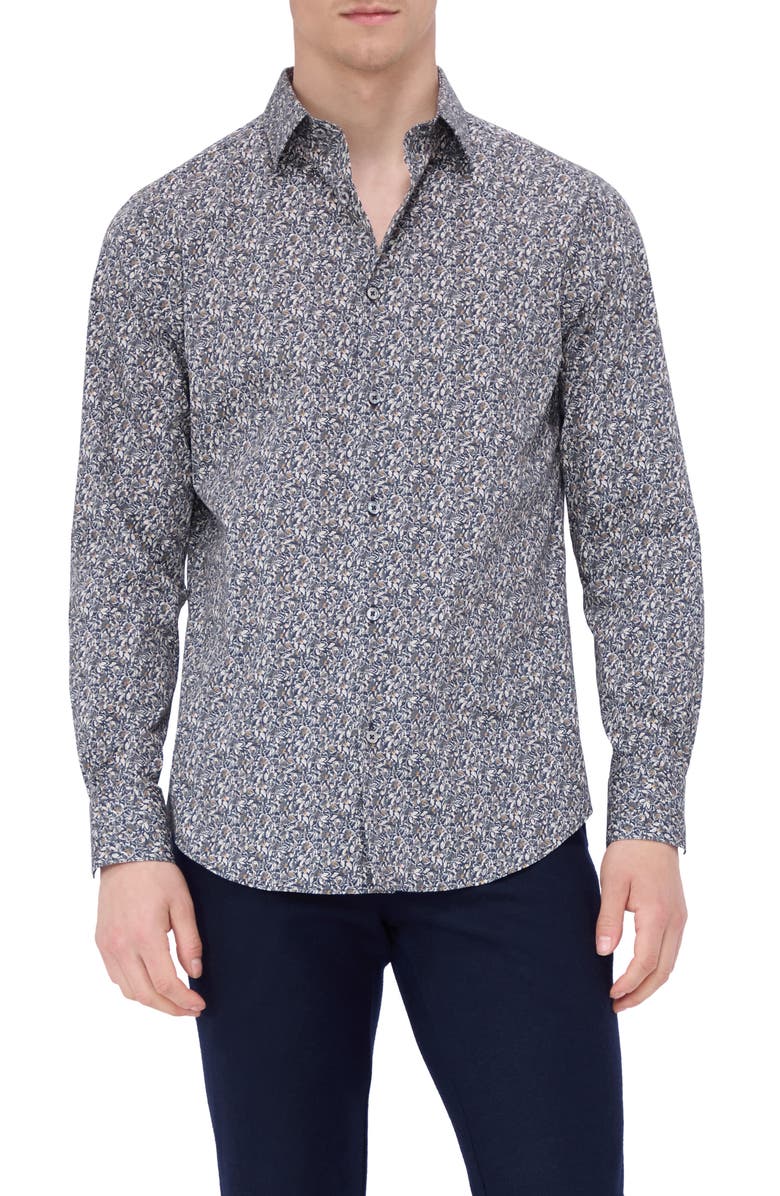 Bugatchi Julian Shaped Fit Leaf Print Button-Up Shirt, Main, color, Khaki