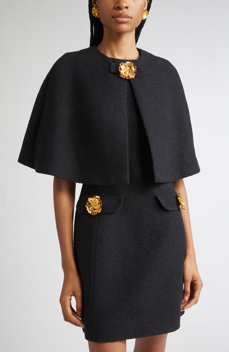 Oscar de la Renta Peony Detail Tweed Crop Cape, Alternate, color, Black