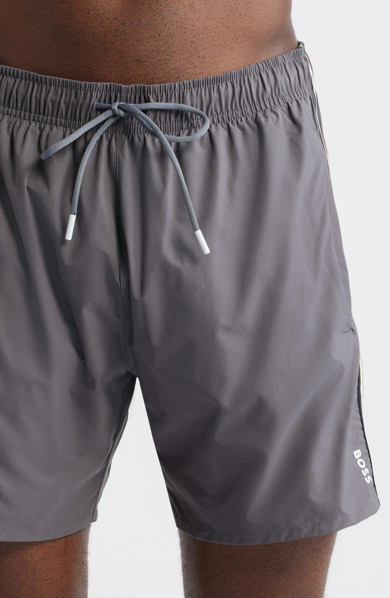BOSS Iconic Side Stripe Swim Trunks, Alternate, color, Dark Grey