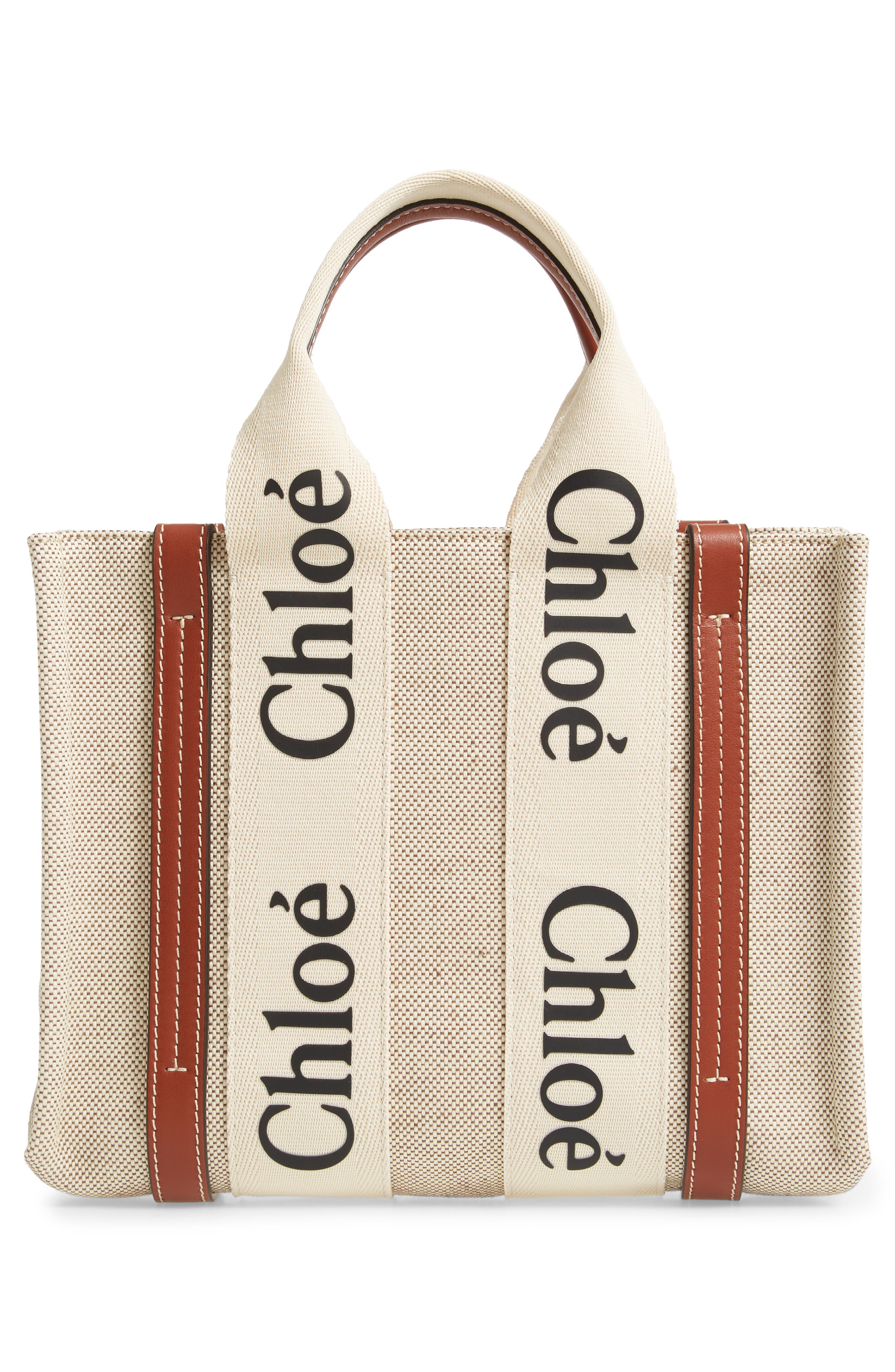 Mini Woody Logo Strap Canvas Tote, Alternate, color, WHITE-BROWN