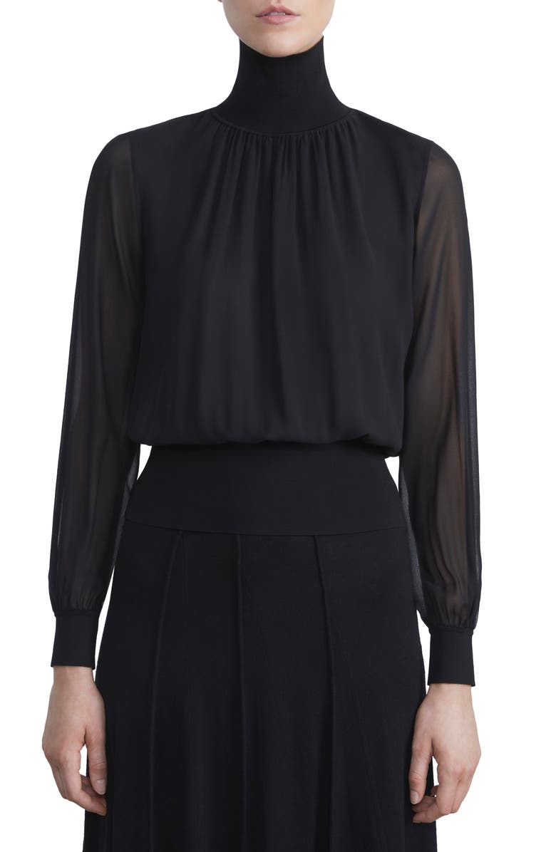 Lafayette 148 New York Mixed Media Silk Turtleneck Top, Main, color, 