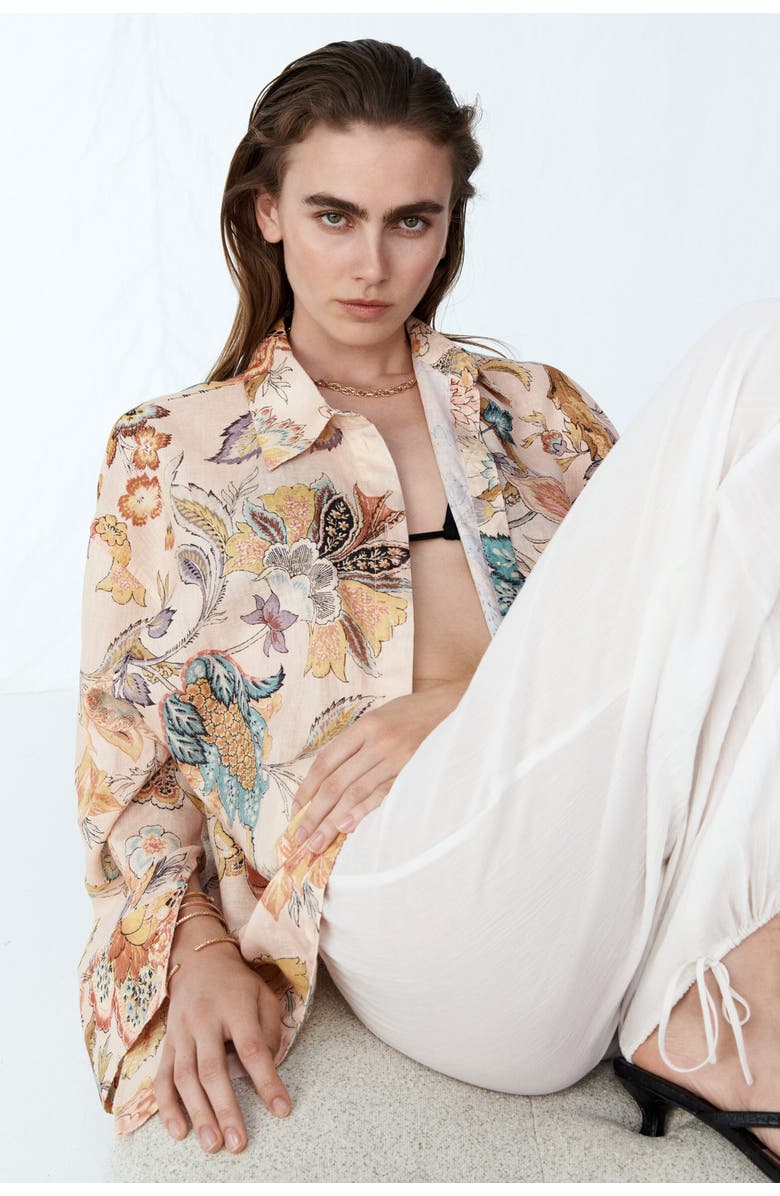 H&M Oversized Linen Shirt, Alternate, color, Light Beige/Floral