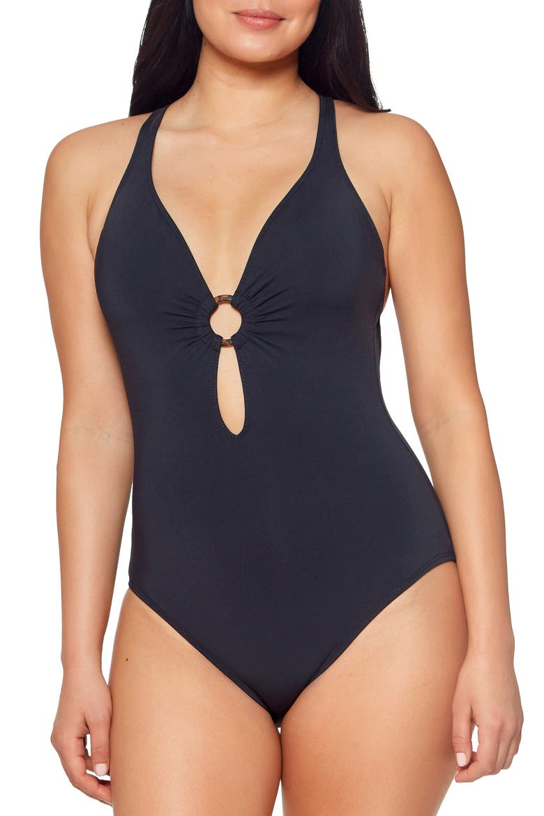 Ring Me Up Plunge One-Piece Swimsuit, Main, color, BLACK