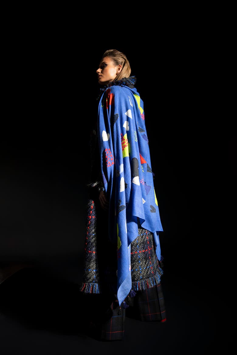 Printed And Embroidered Scarf With Tassels with heart motifs, Alternate, color, Blue
